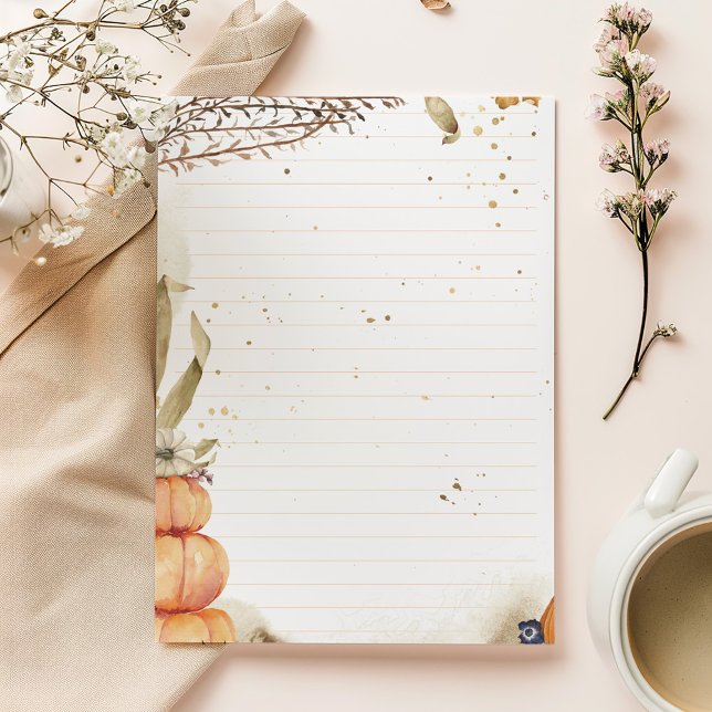 Bloco De Notas Outono / Queda com abóboras e folhas revestidas (Elegant gold botanical lined notepad with minimalist design and modern charm.)