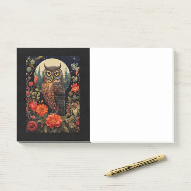 Bloco De Notas Owl at Night with a Full Moon (Na mesa)