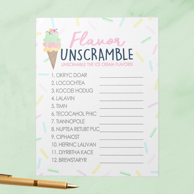 Bloco De Notas Pacote de Jogo da Festa de Desembaralhamento do so (Flavor Unscramble Watercolor Ice Cream Game Pack of 40 Answer Sheets - Perfect for Bridal or Baby)