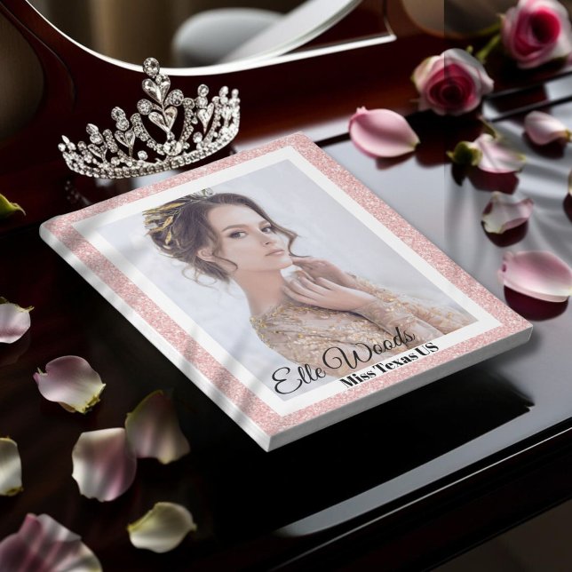 Bloco De Notas Pad Autografo Pageant - Borda Lítima Dourada do Ro (Elegant autograph notepad for pageants featuring a rose gold glitter border to highlight your photo)
