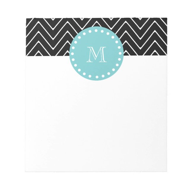 Bloco De Notas Padrão Chevron Preto | Monograma teal (Frente)