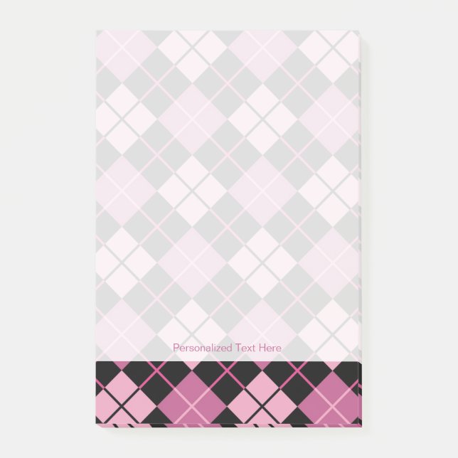 Bloco De Notas Padrão de Argyle em Preto e Rosa (Frente)