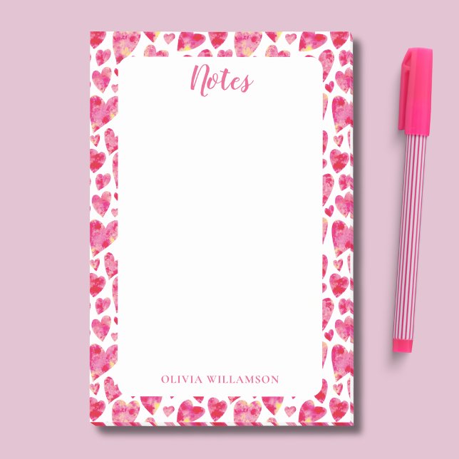 Bloco De Notas Padrão de coração rosa para notas a fazer (Pink love heart watercolor post-it notes pad, personalized with your own name)