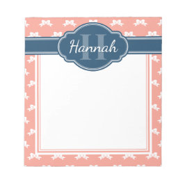 Bloco De Notas Padrão de Laço Branco Rosa Monograma Azul-Marinho