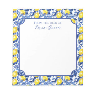 Bloco De Notas Padrão de Limão Aquarela Azul Monograma Nome