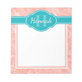 Bloco De Notas Padrão de Mármore Branco Rosa Monograma Verde Água
