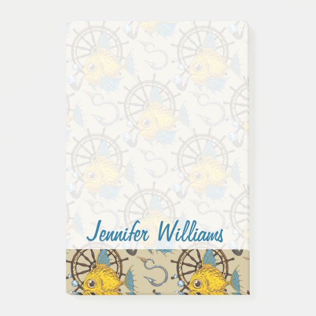 Bloco De Notas Padrão de Peixe do Capitão do Mar| Adicione Seu No (Frente)