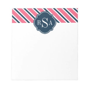 Bloco De Notas Padrão de Stripe Branca Azul-Rosa Monograma