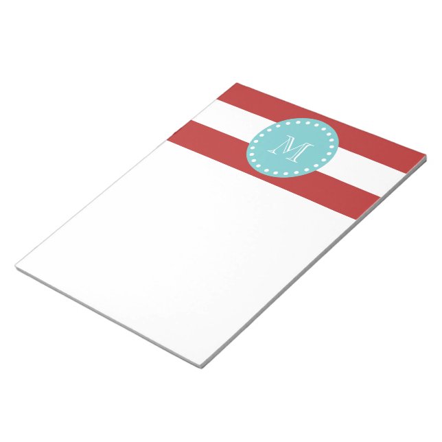 Bloco De Notas Padrão de Stripes Brancas Vermelhas, Monograma Tea (Inclinado)