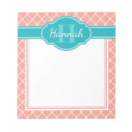 Bloco De Notas Padrão de Treliça Rosa Branco Monograma Azul Turqu
