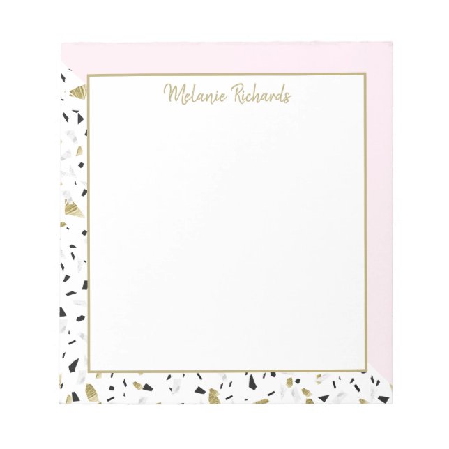 Bloco De Notas Padrão Dourado Marble Terrazzo  Rosa-Blush Moderno (Frente)