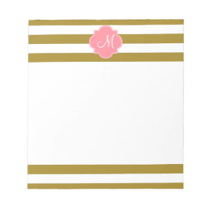 Bloco De Notas Padrão Dourado Metálico Monograma e Riscado Rosa