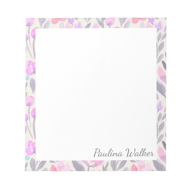 Bloco De Notas Padrão Floral bonito de Aquarela em Nome Lilac (Frente)