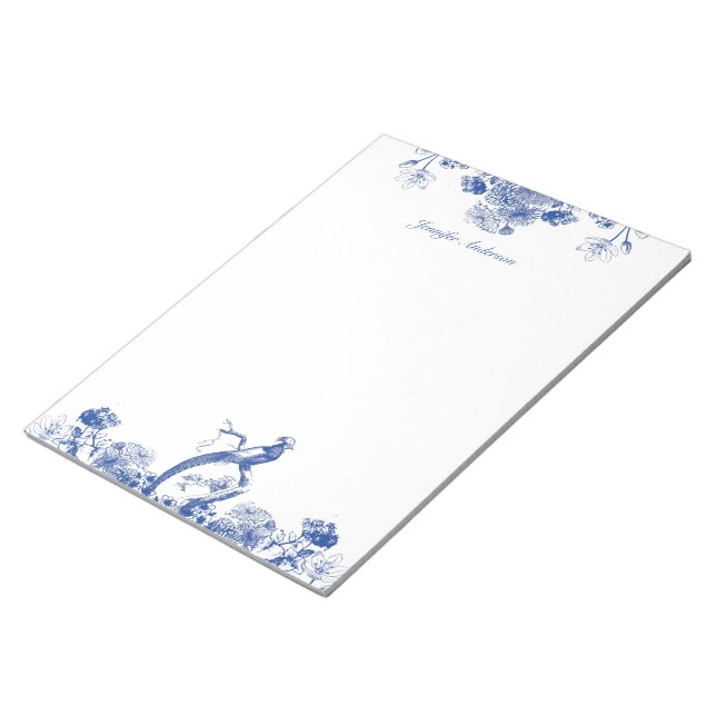 Bloco De Notas Padrão Floral Chinês Azul e Branco com Pássaro (Inclinado)