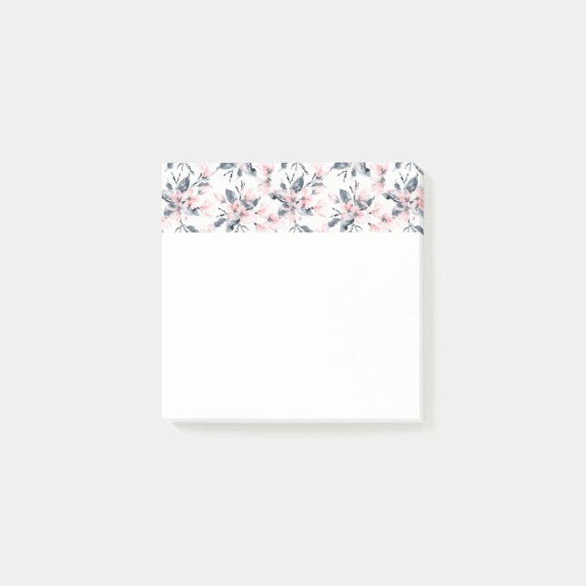 Bloco De Notas Padrão Floral de Aquarela Rosa e Cinza (Frente)
