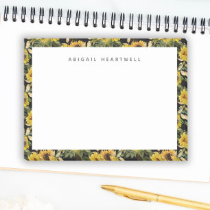 Bloco De Notas Padrão Floral de Girassóis Amarelos Adicione Seu N