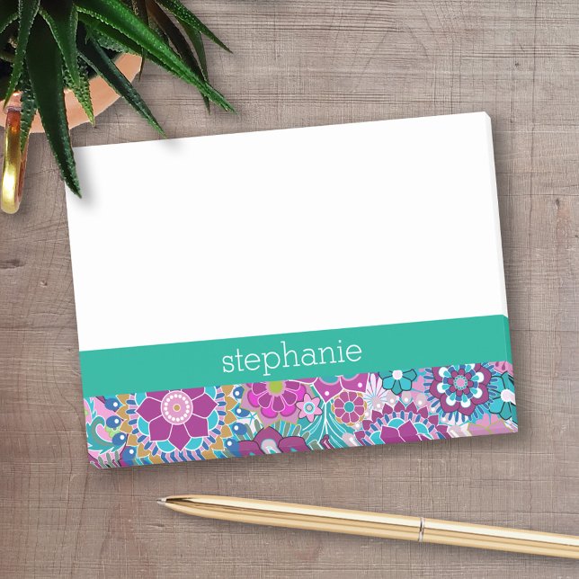 Bloco De Notas Padrão Floral Emerald e Rosa - Adicione seu nome (Personalized Post-It Notes - add name or other text)