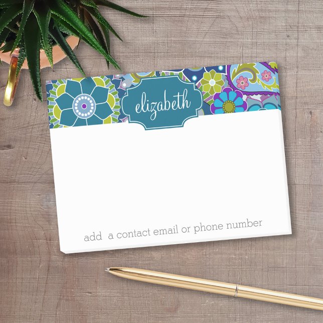 Bloco De Notas Padrão Floral Funky com Nome Personalizado (Personalized post it notes with low quantity. Add your personal touch.)