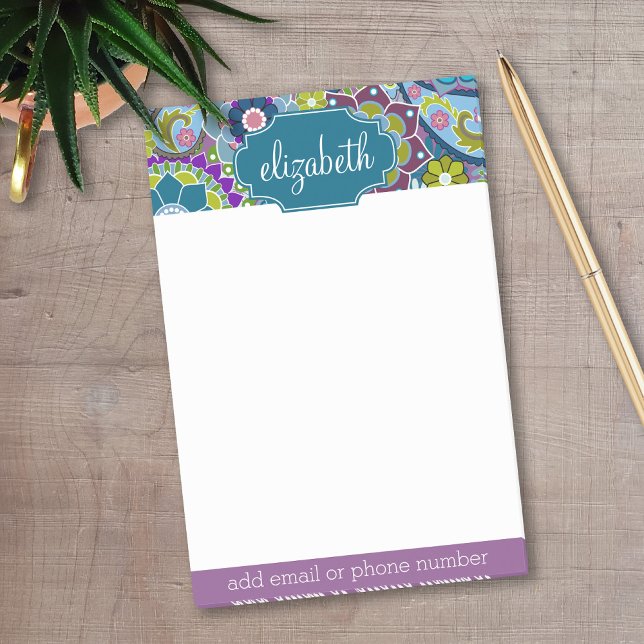 Bloco De Notas Padrão Floral Funky com Nome Personalizado (Personalized Post-It Notes - Add your name and contact information)