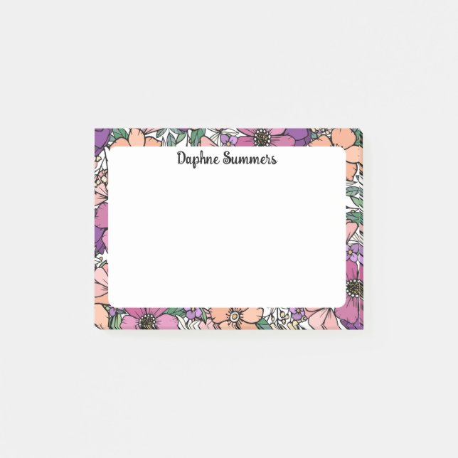 Bloco De Notas Padrão Floral Rosa e Roxo Nome em Script (Frente)