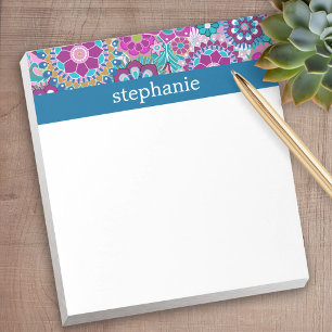 Bloco De Notas Padrão Floral Rosa e Teal com Nome de Bebê Perso