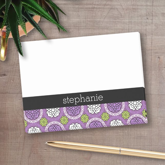 Bloco De Notas Padrão Floral Trendy - Verde limão Roxo Orquídeo (Personalized Post-It Notes - add name or other text)