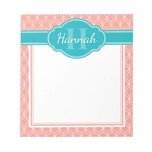 Bloco De Notas Padrão Geométrico de Diamante Branco Rosa Monogram (Frente)