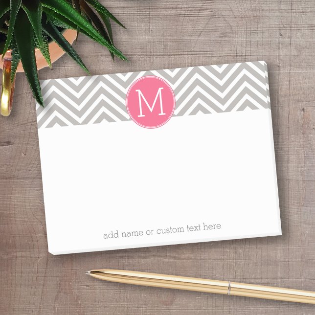 Bloco De Notas Padrão Girly Chevron com Monograma - Cinza rosa (Personalized post-it notes with an area to add your name or other text)