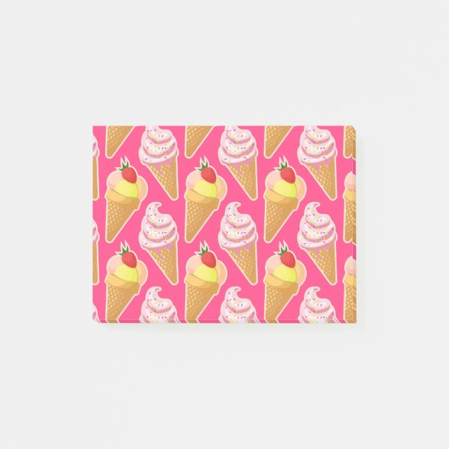 Bloco De Notas Padrão rosa Kawaii com sorvete de morango (Frente)