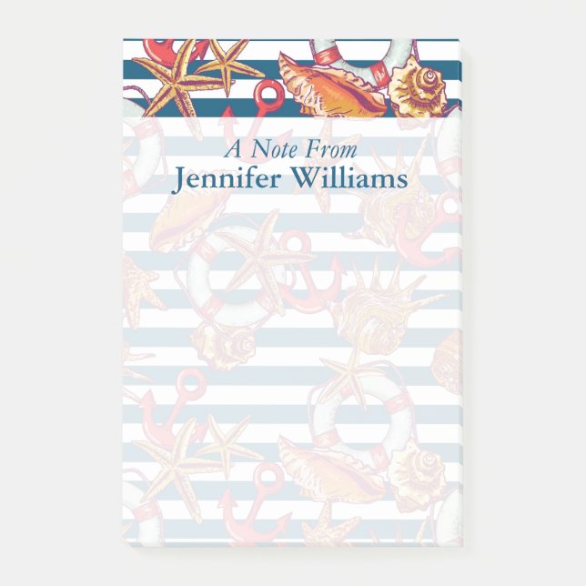 Bloco De Notas Padrão Starfish E Stripes| Adicione Seu Nome (Frente)