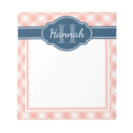 Bloco De Notas Padrão Xadrez Rosa Branco com Monograma Azul