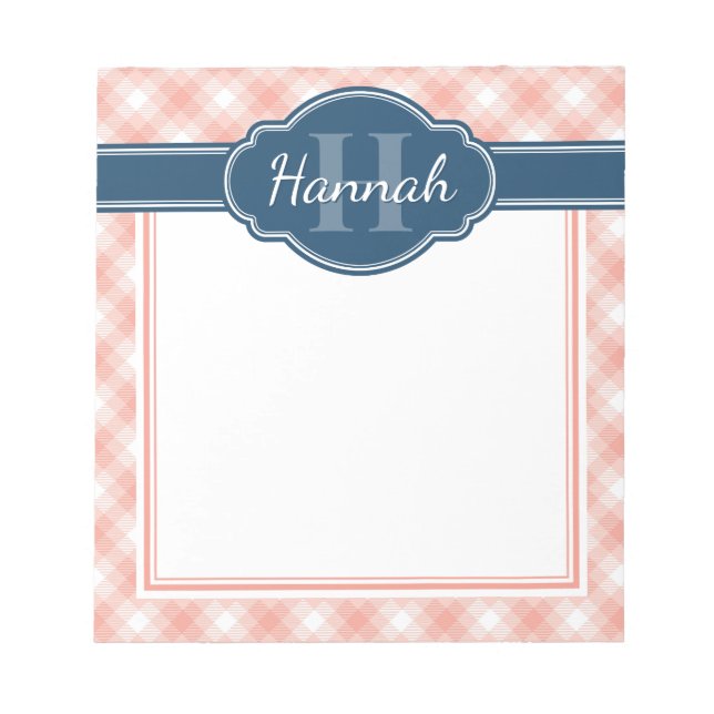 Bloco De Notas Padrão Xadrez Rosa Branco com Monograma Azul (Frente)