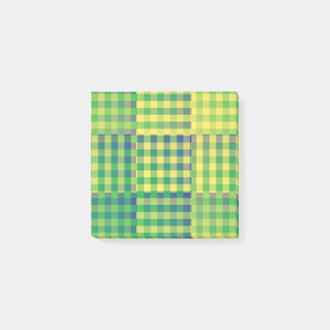 Bloco De Notas Padrão Xadrez Verde Azul Amarelo em Patchwork (Frente)