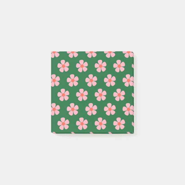 Bloco De Notas Padrões Retrópicos de Flor Branca Verde e Rosa (Frente)