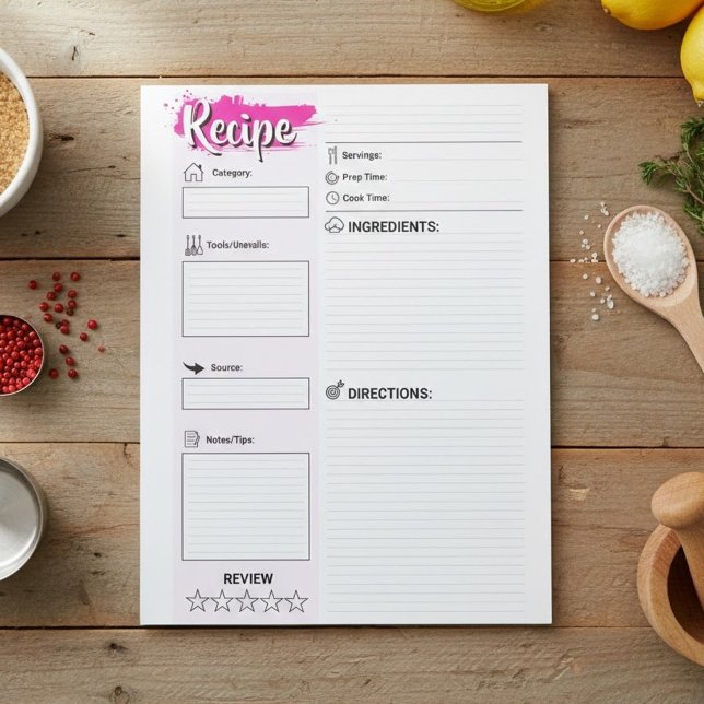Bloco De Notas Páginas de Receitas em Branco | Papéis de Receita  (DIY family cookbook supplies, Notepad for writing down recipes)