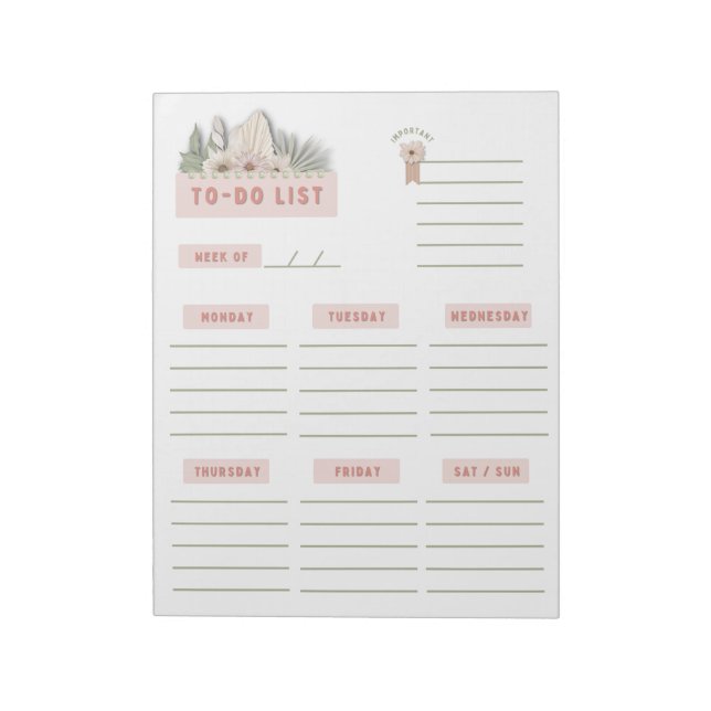 Bloco De Notas Páginas Semanais do Planejador Floral Boho Branco  (Invertido)