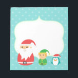 Bloco De Notas Papai noel bonito, duende e pinguim alinhados para<br><div class="desc">Uma ilustração colorida, alegre e bonito de Papai Noel, duende no equipamento verde, pinguim azul com chapéu do Natal alinhou junto no estilo da boneca de Matryoshka (assentamento do russo/boneca aninhada). Contexto dos flocos de neve em um fundo dos azul-céu. Espace disponível para escrever a mensagem do Natal ou para...</div>