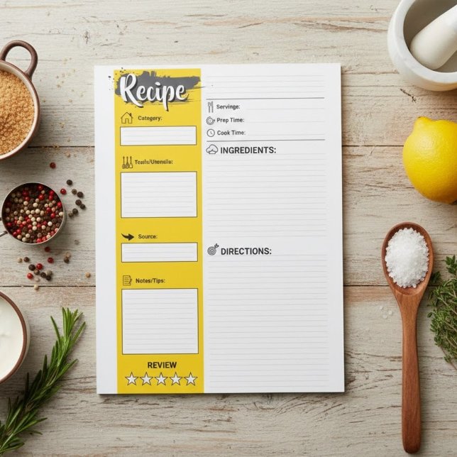 Bloco De Notas Papel para Receitas Culinárias em Tamanho Normal | (Personalized basic recipe pages, printable  cook papers)