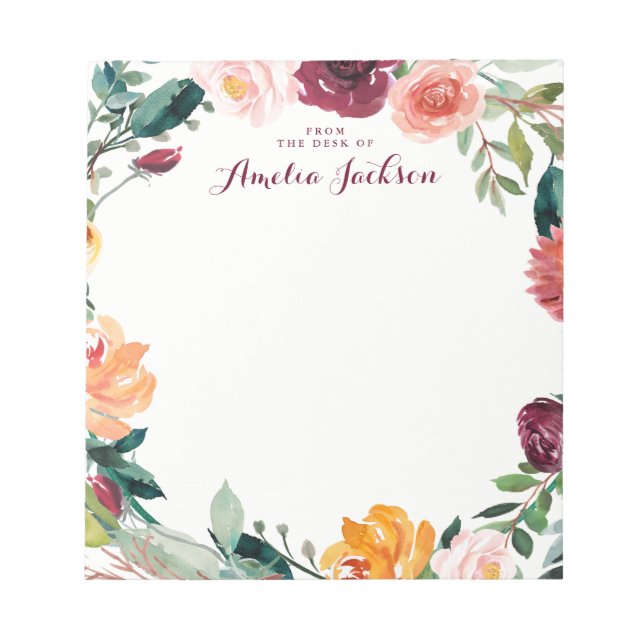 Bloco De Notas Papelaria Personalizada Flor de Borgonha Aquarela (Frente)