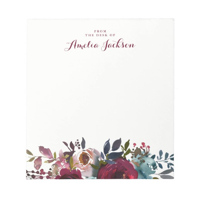 Bloco De Notas Papelaria Personalizada Floral Azul Borgonha (Frente)