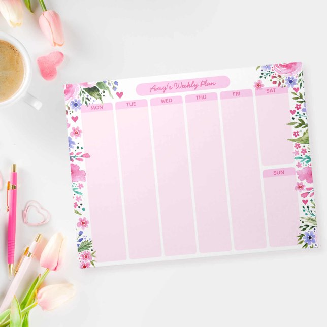 Bloco De Notas Para Seu Plano Semanal Floral De Aquarela Rosa (For Her Pink Watercolor Floral Weekly Plan Notepad)