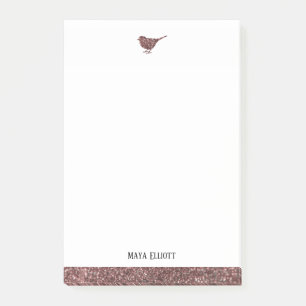 Bloco De Notas Pássaro e Borda com Glitter Branco e Rosa Dourado