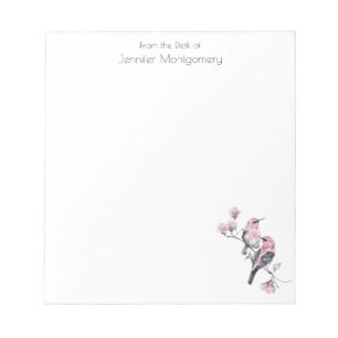 Bloco De Notas Pássaros rosa e pretos em uma ramificação de árvor