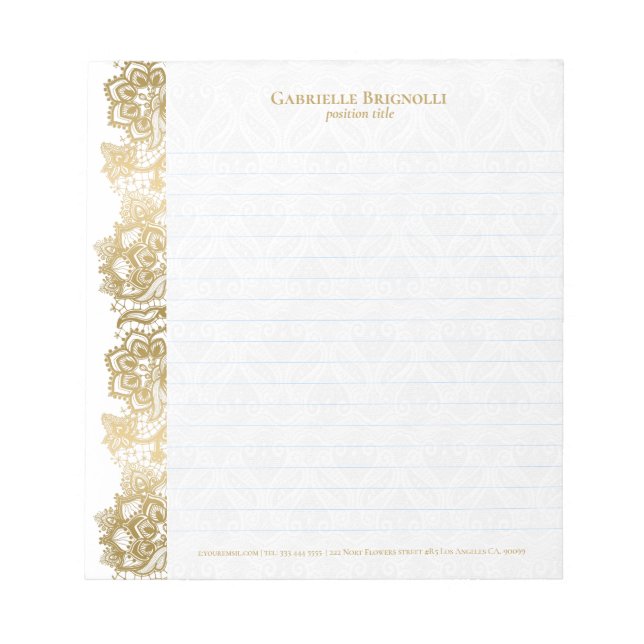 Bloco De Notas Pasta de anotações com rendas florais Dourado da v (Frente)