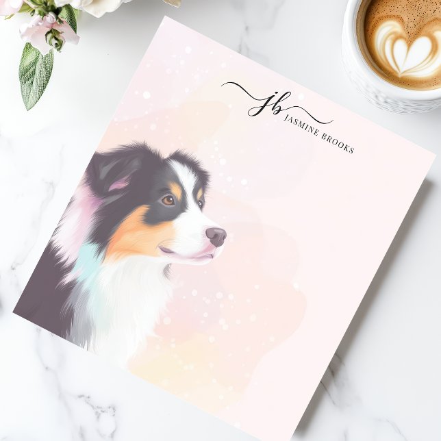 Bloco De Notas Pastel de Aguarela Australian Shepherd Personaliza (Criador carregado)