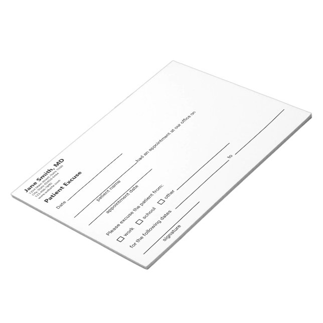 Bloco De Notas Patient Excuse Doctor Office Black White Template (Inclinado)