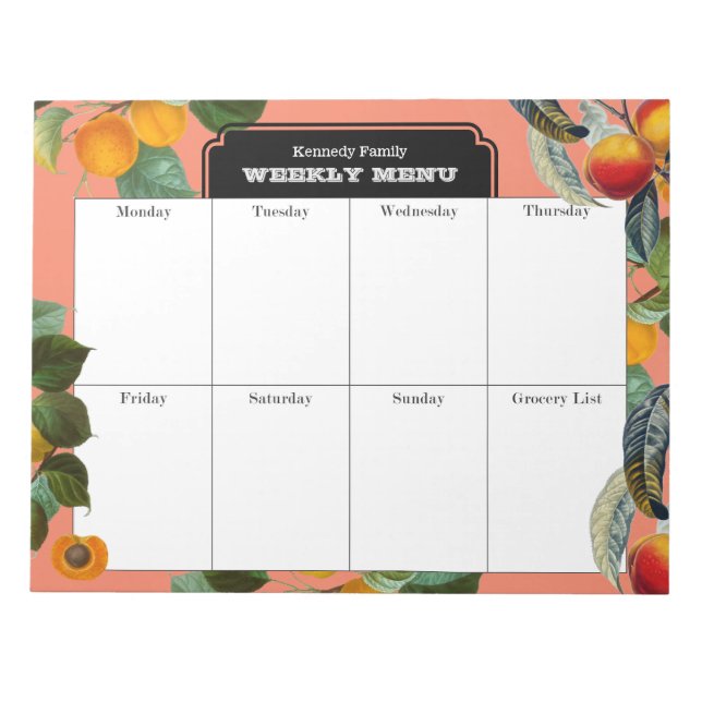 Bloco De Notas Peach Weekly Menu MealPlanner (Frente)