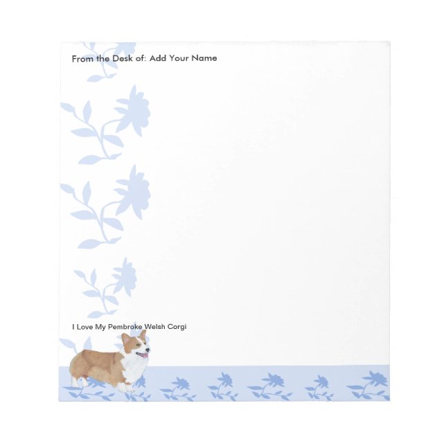 Bloco De Notas Pembroke Welsh Corgi, Flores Azuis (Frente)