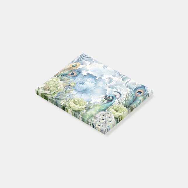 Bloco De Notas Penas de Pavão Teal & Sage Floral Damask (Inclinado)