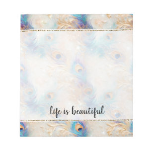 Bloco De Notas Penas de Peacock Douradas e brancas